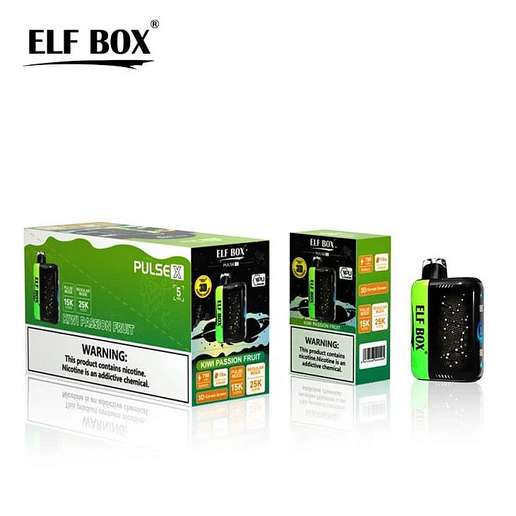 Empaque de vaporizador Elf Box Pulse X con etiqueta con sabor a maracuyá, kiwi y verde negro, y advertencia sobre nicotina.