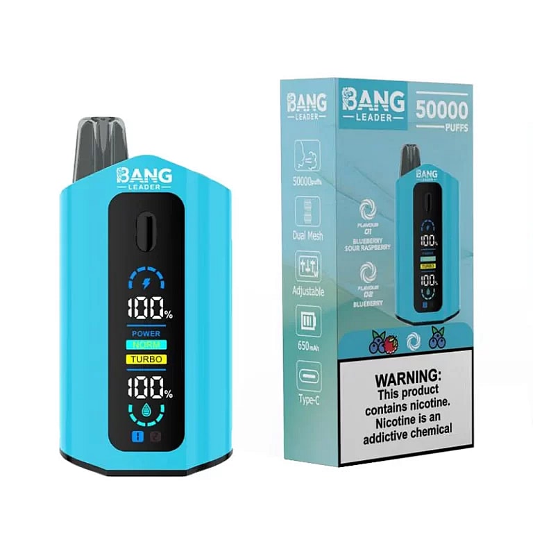 Um dispositivo vape azul chamado Bang Leader ao lado da embalagem, que destaca recursos como 50.000 tragadas, malha dupla e configurações de potência ajustáveis, com um aviso sobre nicotina na caixa.
