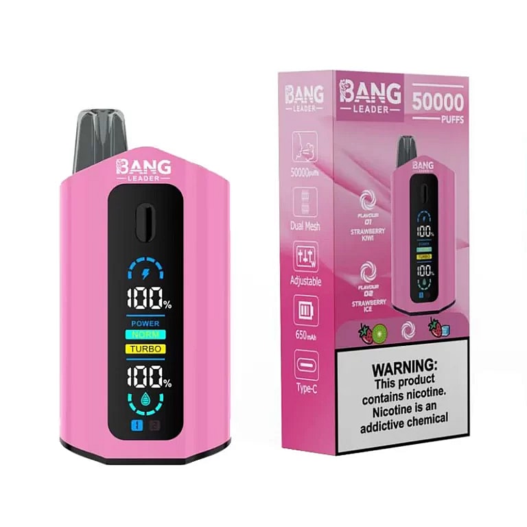 Um dispositivo eletrônico rosa para vaporizar com um visor que mostra a porcentagem da bateria e os modos, ao lado da caixa que destaca recursos como 50.000 tragadas e sabores como Morango Kiwi e Morango Gelado, com um aviso de nicotina na lateral.
