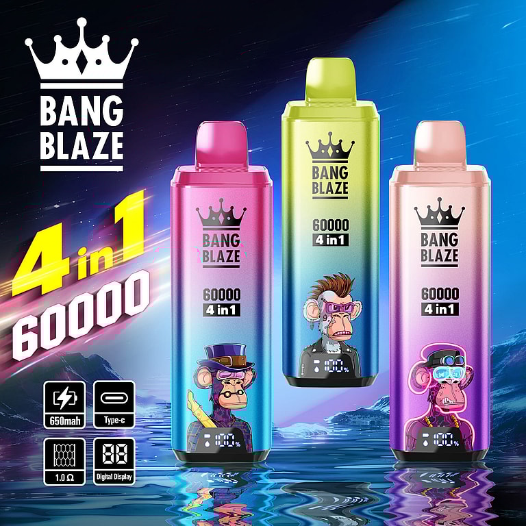 Three Colorful Vape Devices Labeled 'Bang Blaze 60000 4 In 1' With Cartoon Monkey Characters On Them, Set Against A Reflective Surface And A Cosmic Background, Featuring Charging And Digital Display Icons.