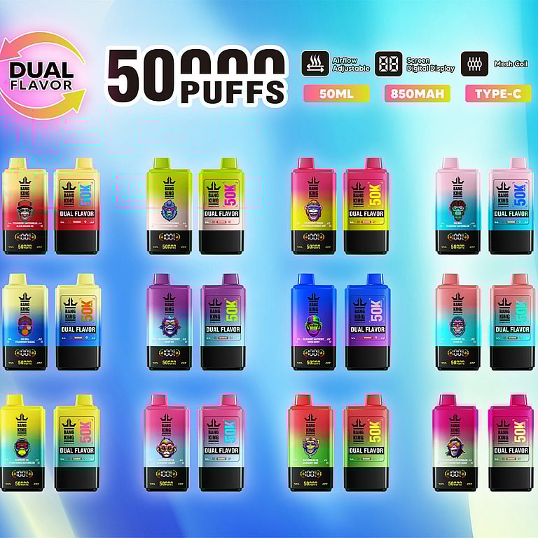 Una cuadrícula de dispositivos de vapeo coloridos que muestran la función "Doble sabor", cada uno etiquetado con diferentes diseños, sabores y una capacidad de 50.000 bocanadas, sobre un fondo azul degradado.