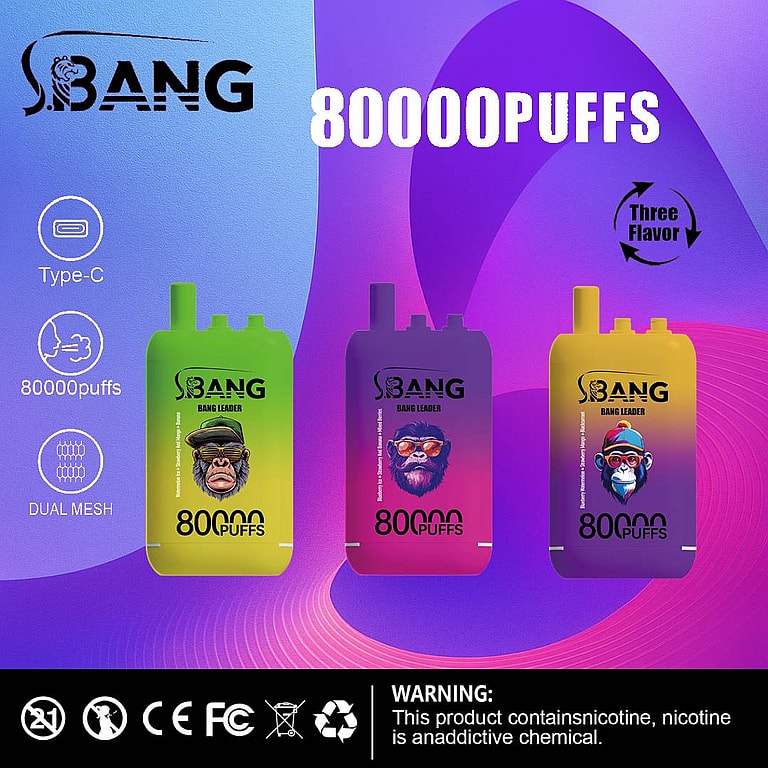 An Advertisement Showcasing Three Colorful Vape Devices Labeled With '80000 Puffs,' With Features Like Type-C Charging And Dual Mesh Technology, Set Against A Vibrant Gradient Background.