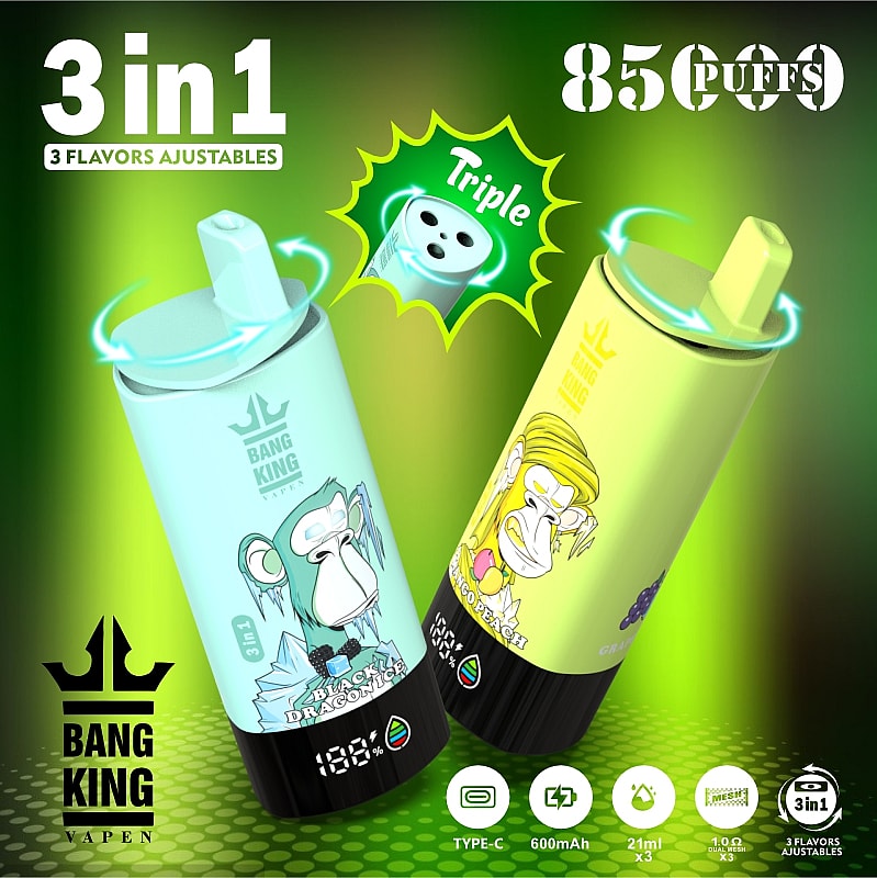 Two Disposable Vape Devices, One Labeled 'Black Dracoloco' In Teal And The Other 'Mango Peach' In Yellow, Both From Bang King, Accompanied By Graphics Indicating '3 In 1' Flavors And '85,000 Puffs', Set Against A Green Background With Product Details Below.