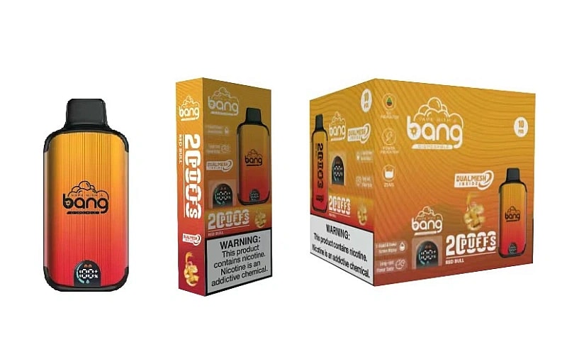 Dispositivo di svapo monouso Bang e la sua confezione, caratterizzata da un design sfumato dall'arancione al rosso, dal logo "Bang" e da un'etichetta di avvertenza sulla nicotina.