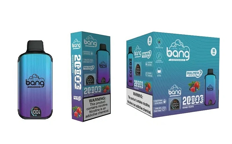 Dispositivo monouso Bang in gradiente blu e viola con logo in nero. La confezione mostra lo stesso dispositivo, con "2.000 puff" e testo di sapore "Mixed Fruits", insieme a un'etichetta di avvertenza sulla nicotina.