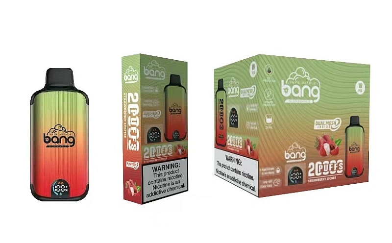 Confezione monouso per sigarette elettroniche Bang al gusto di fragola e litchi, con avvertenze sulla dipendenza da nicotina.