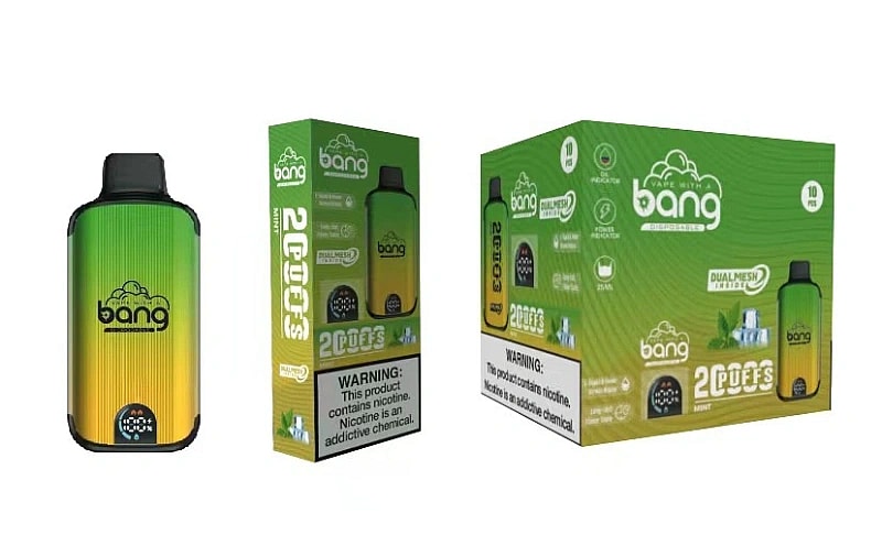 Confezione monouso per sigarette elettroniche Bang in verde e giallo sfumato con la scritta "2.000 boccate" e un'etichetta di avvertenza sulla nicotina.