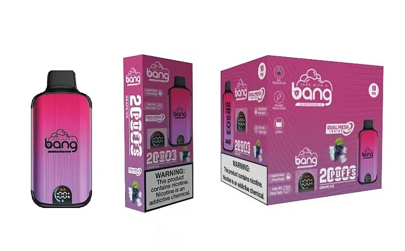 Confezione per vaporizzatore monouso Bang caratterizzata da un dispositivo sfumato rosa e viola con aroma "Grape Ice", etichettato con avvertenze sulla nicotina.