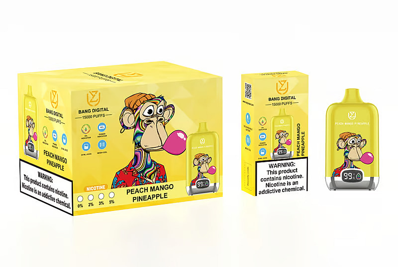 Una scatola gialla e un dispositivo per svapare con il marchio "Bang Digital", raffigurante una scimmia illustrata che soffia una bolla. Il prodotto è etichettato "Peach Mango Pineapple" con 15.000 tiri e livelli di nicotina regolabili da 0% a 5%.