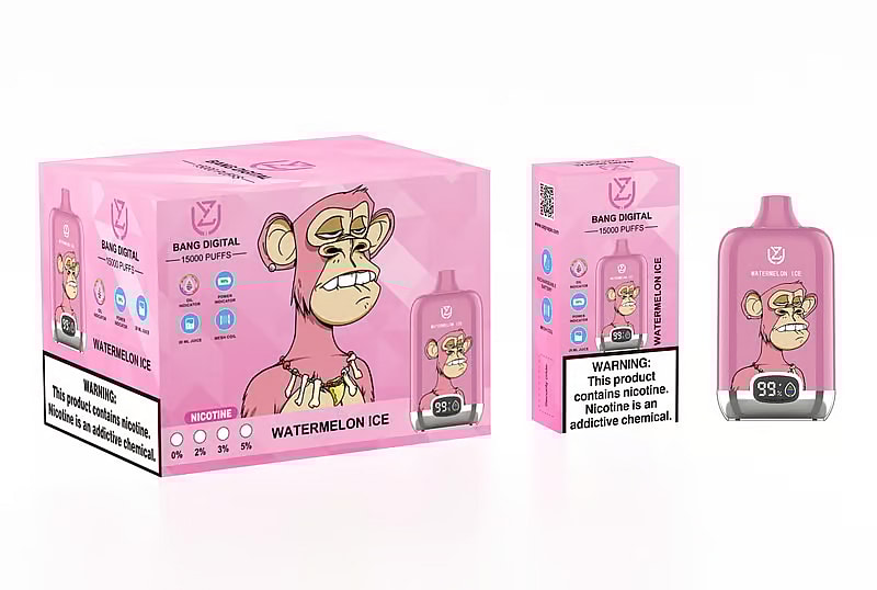 Confezione rosa per svapo "Bang Digital" raffigurante una scimmia dei cartoni animati, etichettata "Watermelon Ice" con 15.000 tiri, varie concentrazioni di nicotina (2%, 3%, 5%) e un avviso di nicotina. L'immagine del prodotto mostra un contatore digitale di tiri a 93%.