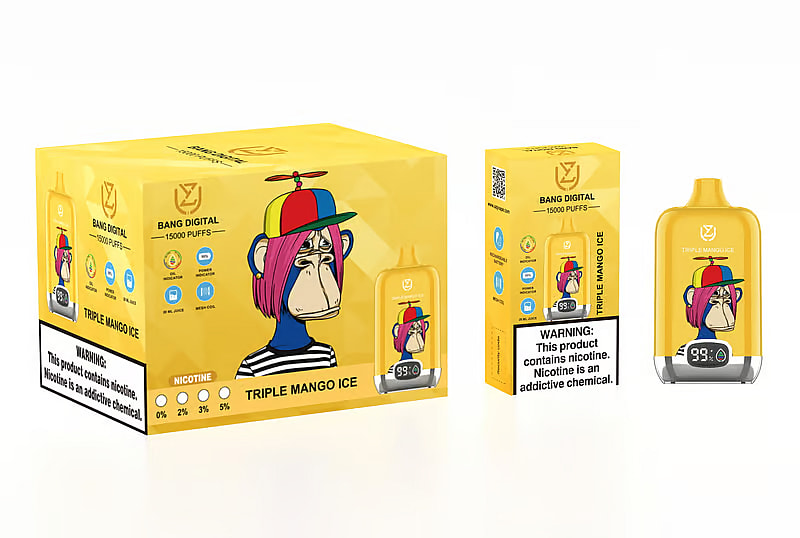 Confezione di un prodotto per lo svapo etichettato "Bang Digital" raffigurante una scimmia dei cartoni animati con i capelli rosa e un cappello a elica. Il prodotto è etichettato "Triple Mango Ice" e include un indicatore di concentrazione di nicotina che va da 0% a 5%, con un avviso sulla dipendenza da nicotina.