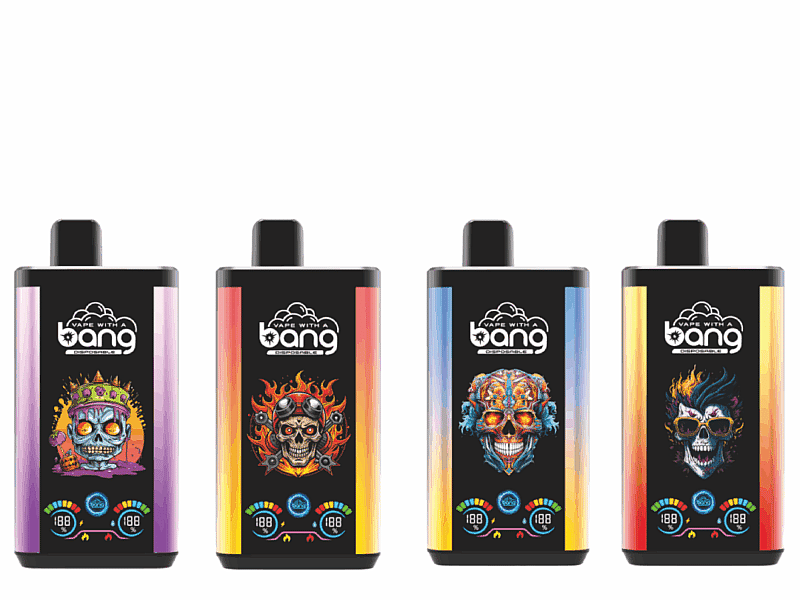 Vier farbenfrohe Vape-Geräte mit Totenkopf-Designs auf der Vorderseite, jedes mit einem anderen Motiv und der Aufschrift „Bang“ oben.