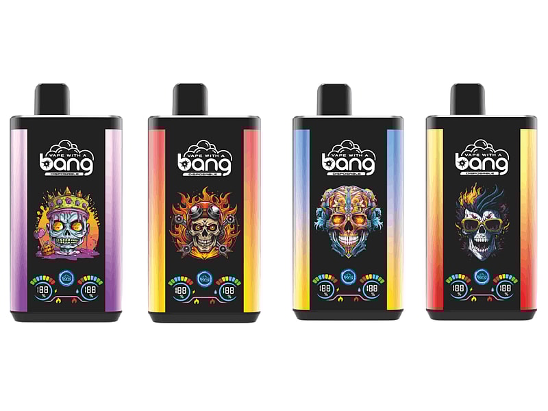 Four colorful vape devices with skull designs on the front, each featuring different artwork and labeled "bang" at the top.