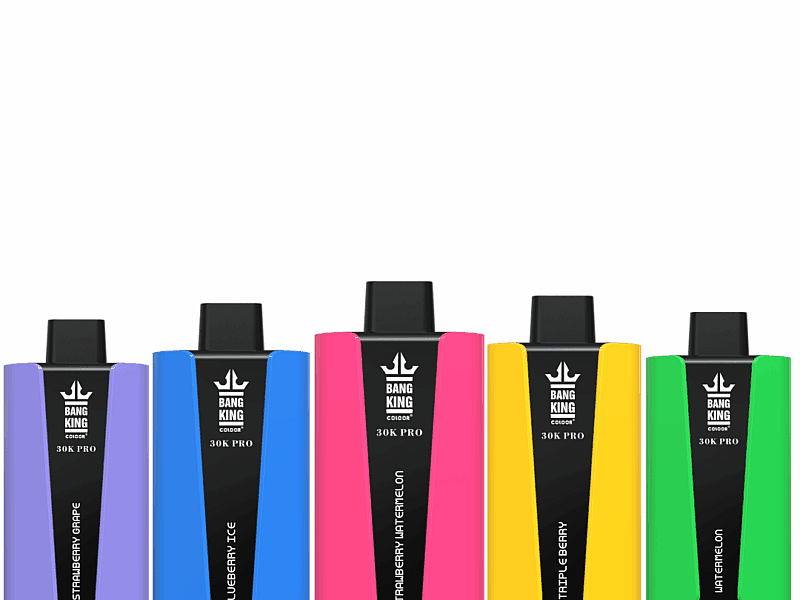 Fünf farbenfrohe Einweg-Vaporizer von Bang King 30K Pro, jeder mit unterschiedlichen Geschmacksrichtungen: Erdbeer-Traube, Blaubeer-Eis, Erdbeer-Wassermelone, Dreifache Beere und Üppige Wassermelone.