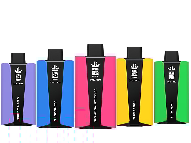 Five colorful Bang King 30K Pro disposable vapes, each with different flavors: Strawberry Grape, Blueberry Ice, Strawberry Watermelon, Triple Berry, and Lush Watermelon.
