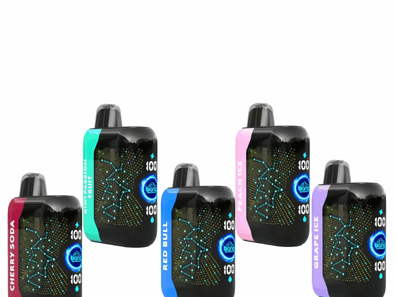 Fünf farbenfrohe Vape-Geräte mit digitalen Anzeigen und verschiedenen Geschmacksrichtungen: Kirschlimonade, Kiwi-Passionsfrucht, Red Bull, Pfirsicheis und Traubeneis.
