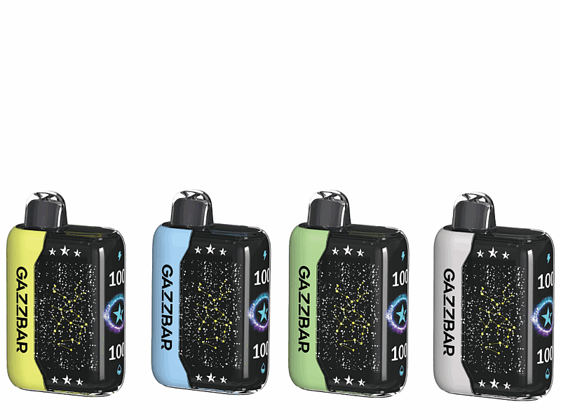 Four GazzBar vape devices in different colors: yellow, blue, green, and white, with star and constellation-themed designs.
