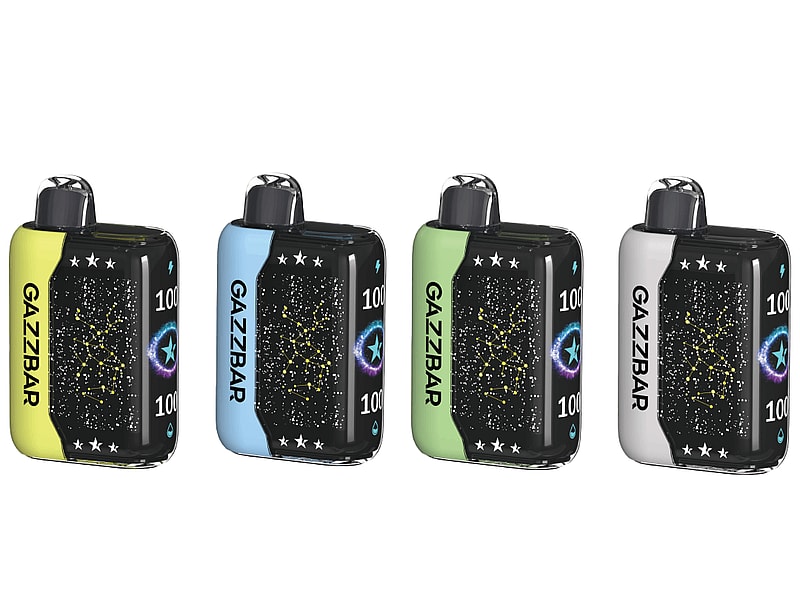 Four GazzBar vape devices in different colors: yellow, blue, green, and white, with star and constellation-themed designs.