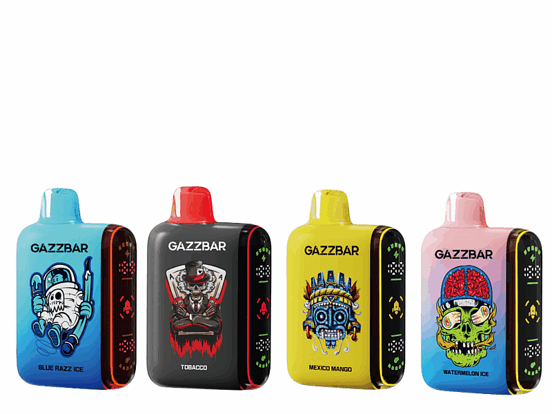 Four colorful GAZZBAR vape devices are displayed, each with unique designs and labeled flavors: Blue Razz Ice, Tobacco, Mexico Mango, and Watermelon Ice.