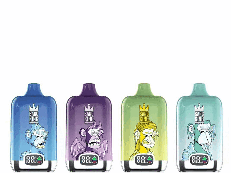 Vier farbenfrohe Vape-Geräte mit Cartoon-Affen-Motiven auf der Vorderseite. Jedes Gerät verfügt unten über eine LED-Anzeige mit der Aufschrift „88%“. Die Geräte sind blau, lila, gelbgrün und türkis.