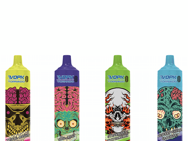 Four colorful disposable vape devices labeled "VOPK Tornado" with various cartoonish skull and brain designs, featuring flavors: Triple Mango, Cool Mint, Strawberry Watermelon, and Blueberry Cherry Cranberry.