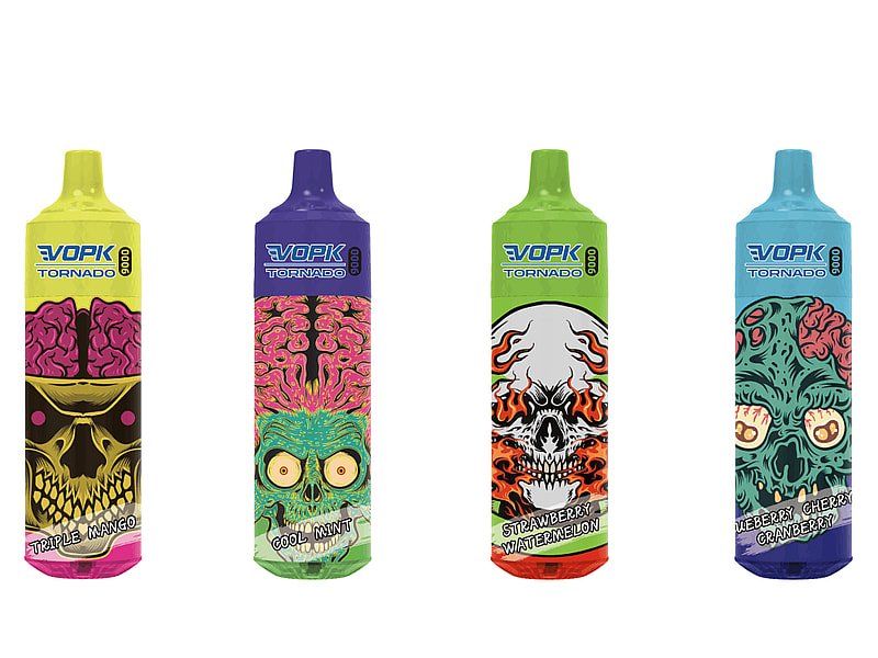 Four colorful disposable vape devices labeled "VOPK Tornado" with various cartoonish skull and brain designs, featuring flavors: Triple Mango, Cool Mint, Strawberry Watermelon, and Blueberry Cherry Cranberry.