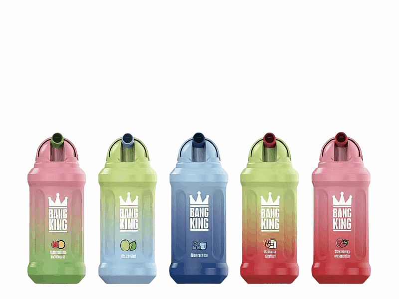 Fünf farbenfrohe Vape-Geräte mit der Aufschrift „Bang King“, jedes mit einem einzigartigen Geschmacksdesign, darunter Abbildungen von Wassermelone, Minze, gemischtem Fruchteis, Regenbogensorbet und Erdbeerwassermelone.