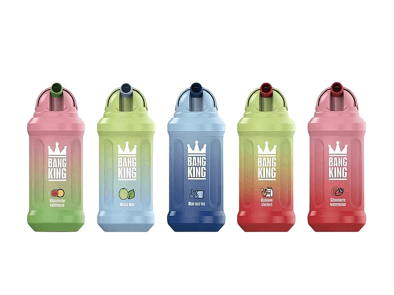 Five colorful vape devices labeled "Bang King," each with a unique flavor design, including illustrations of watermelon, mint, mixed fruit ice, rainbow sherbet, and strawberry watermelon.