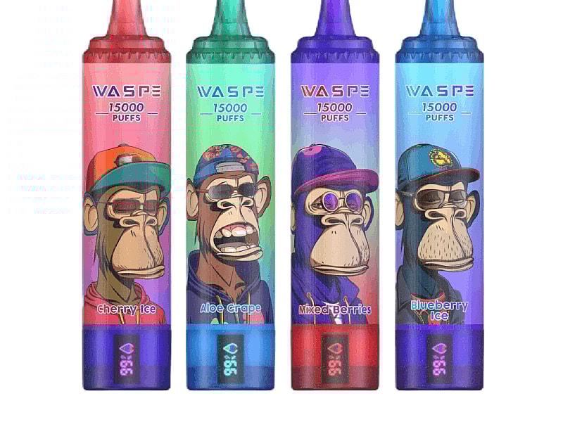 Four colorful disposable vapes labeled "WASPE 15000 PUFFS" featuring cartoon apes on the packaging in flavors Cherry Ice, Aloe Grape, Mixed Berries, and Blueberry Ice.