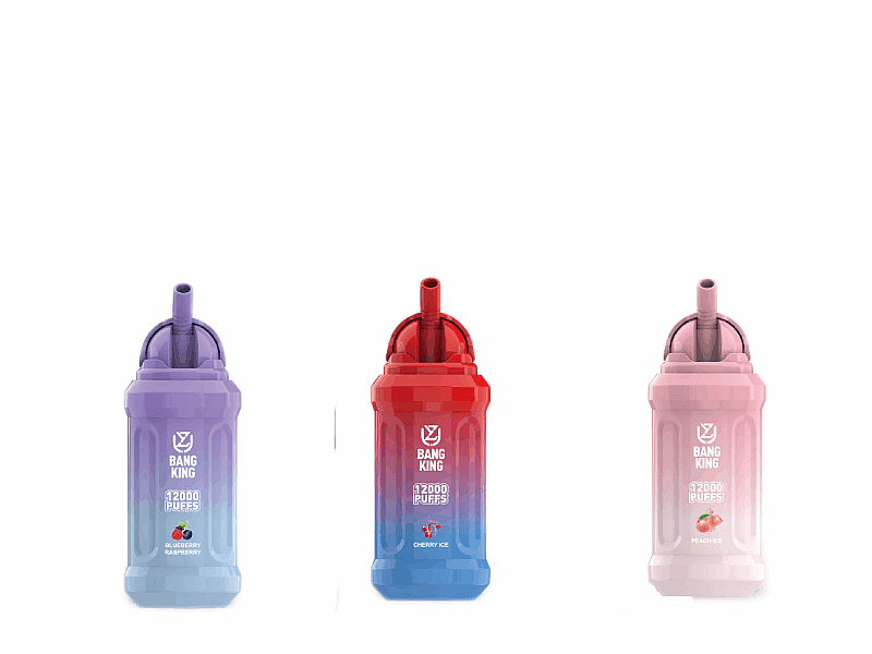 Three disposable vape devices in purple, red, and pink colors, labeled as "Bang King" with varying flavors: blueberry, cherry ice, and peach, each offering 12,000 puffs.