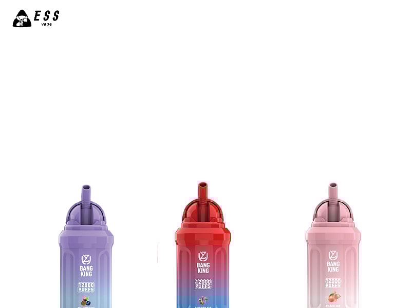 Three disposable vape devices in purple, red, and pink colors, labeled as "Bang King" with varying flavors: blueberry, cherry ice, and peach, each offering 12,000 puffs.