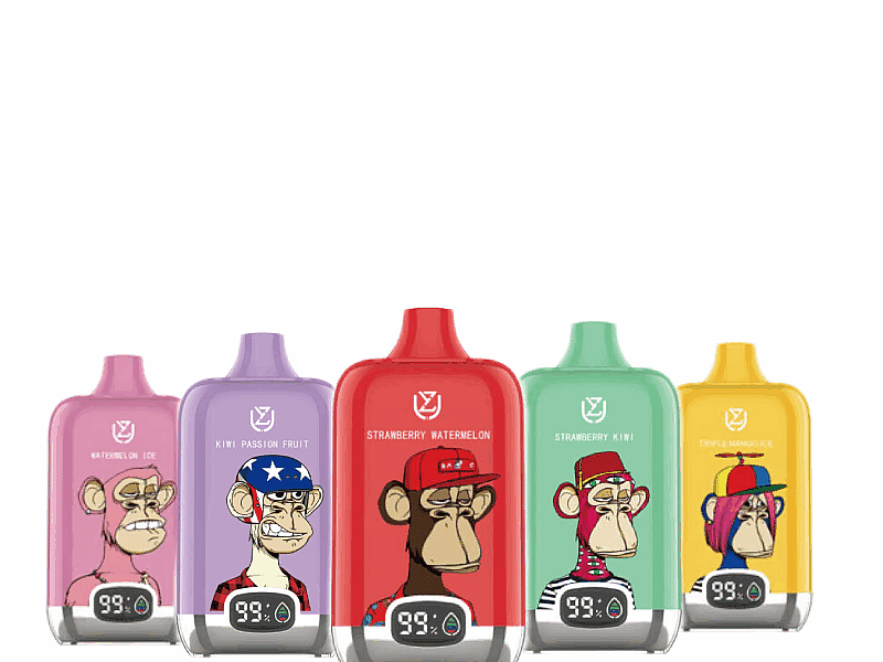 Colorful vape devices featuring cartoon monkey faces, each labeled with different fruit flavors, including Watermelon Ice, Kiwi Passion Fruit, Strawberry Watermelon, Strawberry Kiwi, and Triple Mango Juice.