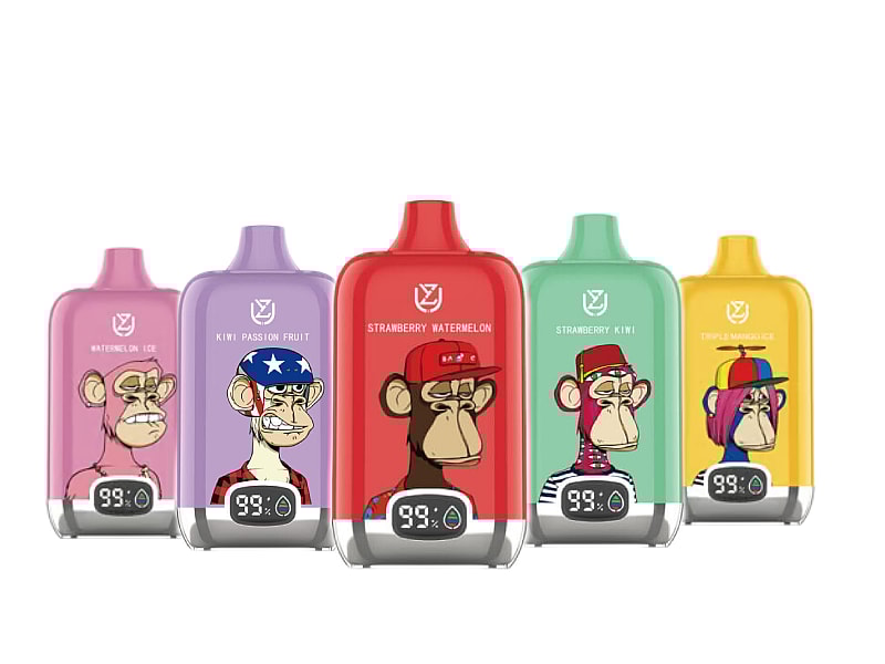 Colorful vape devices featuring cartoon monkey faces, each labeled with different fruit flavors, including Watermelon Ice, Kiwi Passion Fruit, Strawberry Watermelon, Strawberry Kiwi, and Triple Mango Juice.