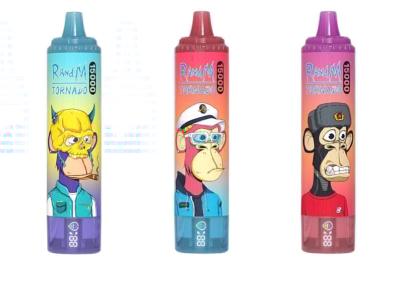 Three vape devices labeled "RandM Tornado 15000" with cartoon ape characters on the packaging, each featuring different outfits and expressions.