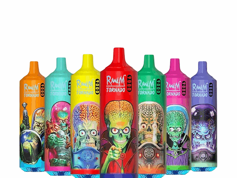 Bunte Vape-Geräte mit dem Etikett „RandM Tornado“, auf jedem Gerät sind verschiedene Illustrationen mit Alien-Motiven zu sehen, darunter Figuren mit großen Gehirnen und übertriebenen Gesichtszügen.