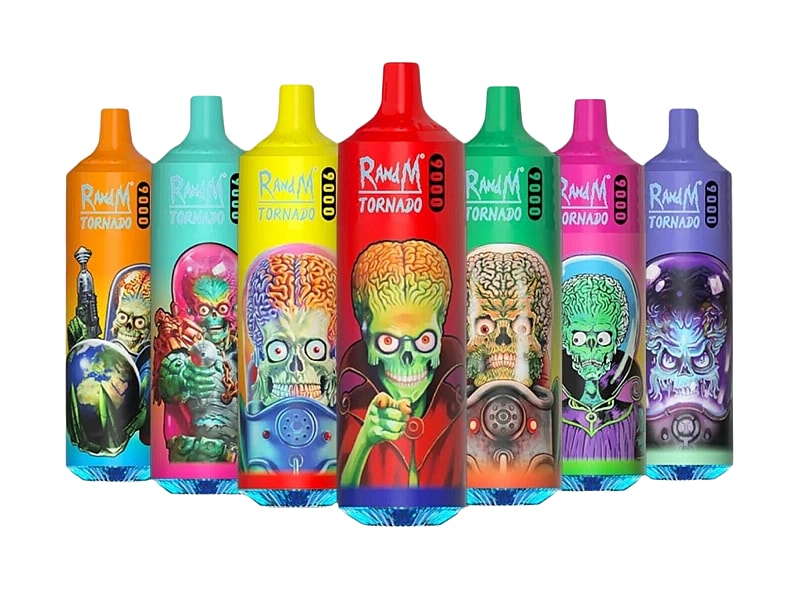 Colorful vape devices with a "RandM Tornado" label, featuring various alien-themed illustrations on each device, including characters with large brains and exaggerated features.