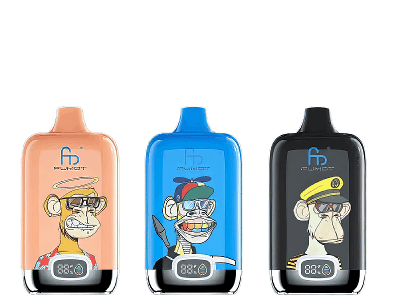 Drei farbenfrohe Vape-Geräte mit Cartoon-Affen mit verschiedenen Hüten und Sonnenbrillen, jedes mit einer digitalen Anzeige an der Unterseite.