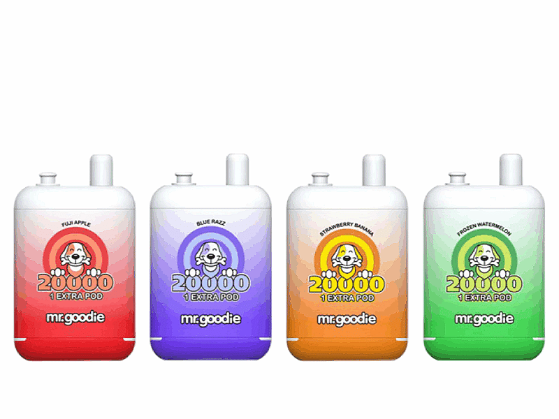 Four colorful vape devices labeled "mr.goodie" in flavors: Fuji Apple (red), Blue Razz (purple), Strawberry Banana (orange), and Frozen Watermelon (green), each featuring "20,000 puffs" and "1 extra pod."