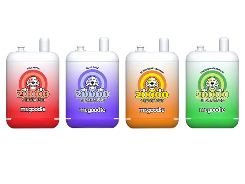 Four colorful vape devices labeled "mr.goodie" in flavors: Fuji Apple (red), Blue Razz (purple), Strawberry Banana (orange), and Frozen Watermelon (green), each featuring "20,000 puffs" and "1 extra pod."
