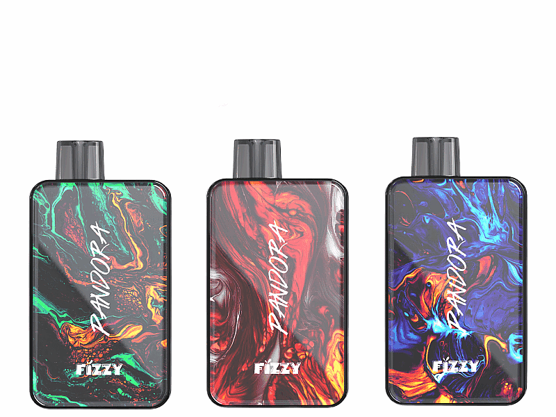 Three colorful vaping devices with abstract designs labeled "Pandora" and "Fizzy," in green, red, and blue variants.