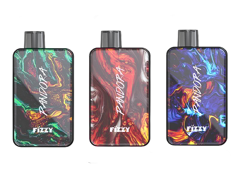 Three colorful vaping devices with abstract designs labeled "Pandora" and "Fizzy," in green, red, and blue variants.