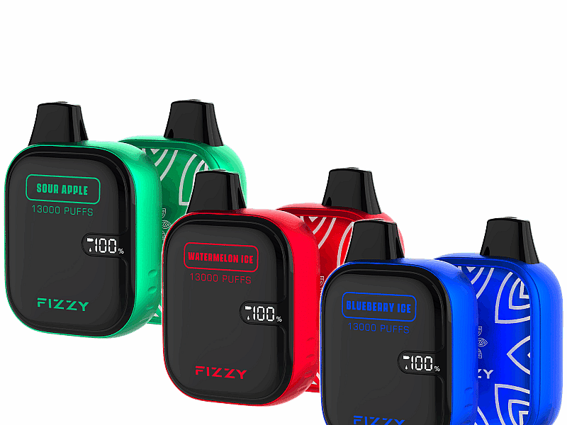 Four colorful rectangular vape devices labeled "Fizzy" with flavors Sour Apple, Watermelon Ice, and Blueberry Ice, each indicating "13,000 puffs" and displaying a "100%" battery symbol on their screens.