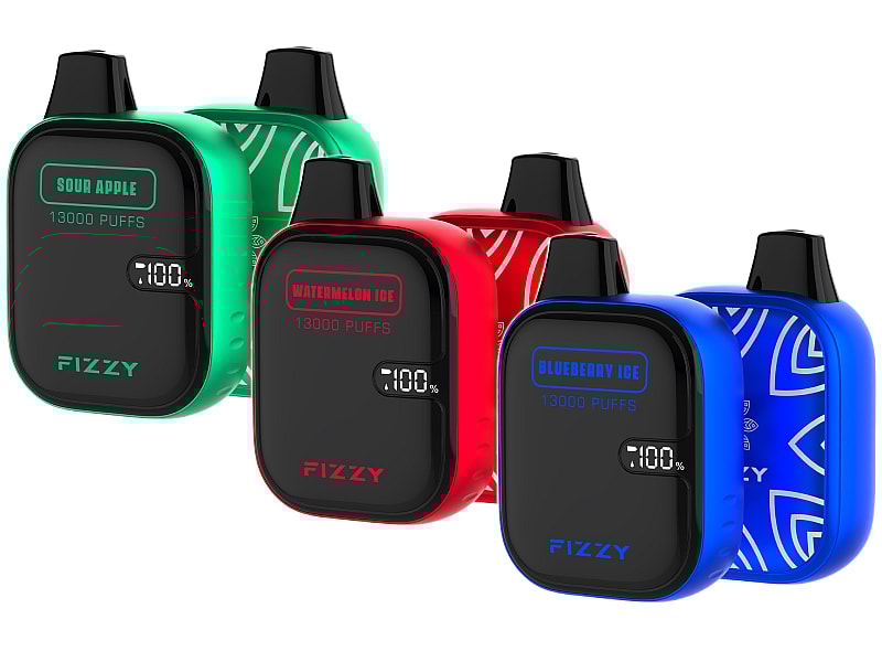 Four colorful rectangular vape devices labeled "Fizzy" with flavors Sour Apple, Watermelon Ice, and Blueberry Ice, each indicating "13,000 puffs" and displaying a "100%" battery symbol on their screens.