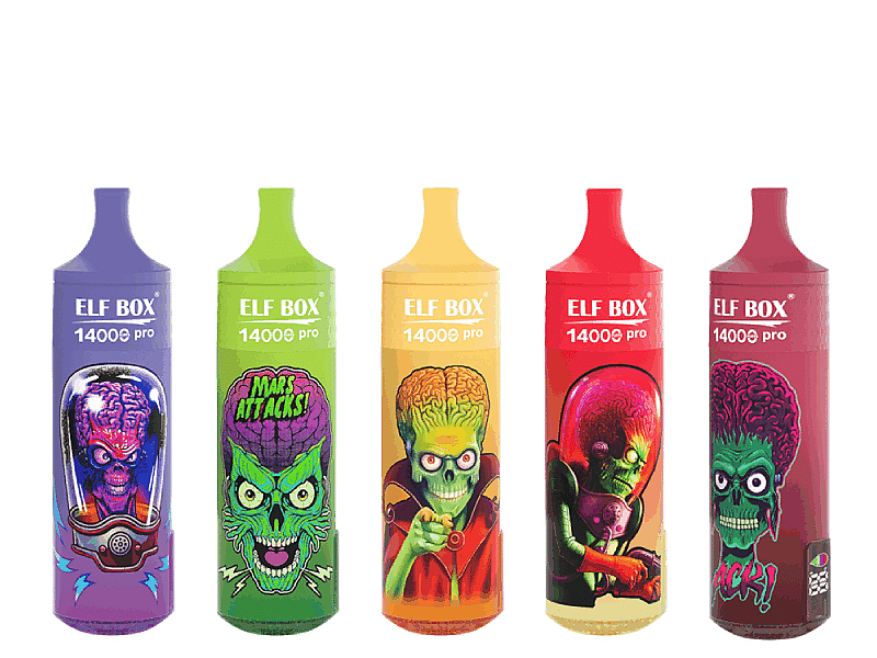 Fünf farbenfrohe Vape-Geräte mit der Aufschrift „ELF BOX 14000 pro“, jedes mit lebendigen Illustrationen von Außerirdischen und Marsmenschen aus der Serie „Mars Attacks!“.