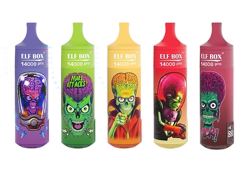 Five colorful vape devices with the label "ELF BOX 14000 pro," each featuring vibrant illustrations of aliens and Martians from the "Mars Attacks!" series.