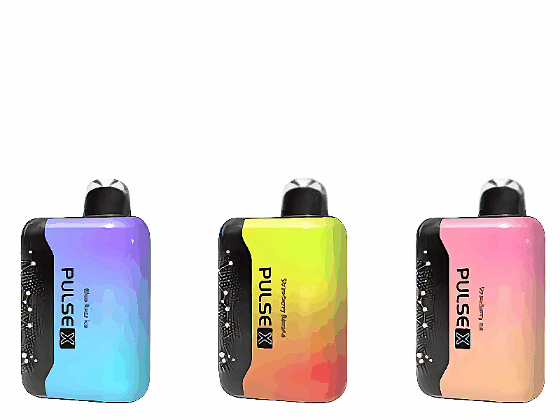 Three colorful vape devices labeled "Pulse X," with a black side grip and a gradient design: the first is blue to purple, the second is yellow to orange, and the third is pink to peach.
