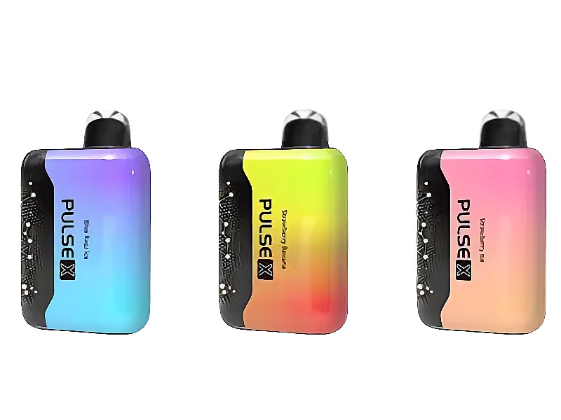 Three colorful vape devices labeled "Pulse X," with a black side grip and a gradient design: the first is blue to purple, the second is yellow to orange, and the third is pink to peach.