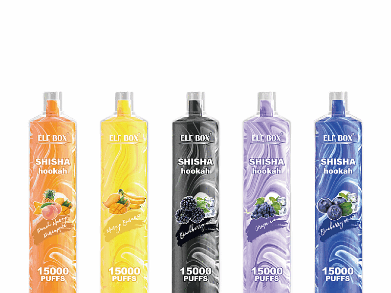 Five disposable vape devices labeled "Elf Box SHISHA hookah" each featuring a different flavor: peach mint, mango banana, blueberry, grape mint, and blueberry mint, with each marked as having 15000 puffs.