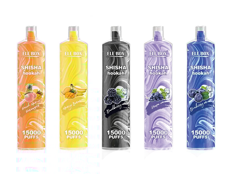 Five disposable vape devices labeled "Elf Box SHISHA hookah" each featuring a different flavor: peach mint, mango banana, blueberry, grape mint, and blueberry mint, with each marked as having 15000 puffs.