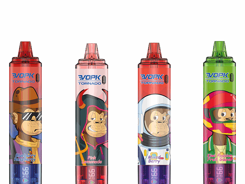 Four colorful disposable vape devices with cartoon monkey characters on the packaging, labeled with different flavors: Blueberry Raspberry, Pink Lemonade, Mixed Berry, and Kiwi Passion Fruit Guava.